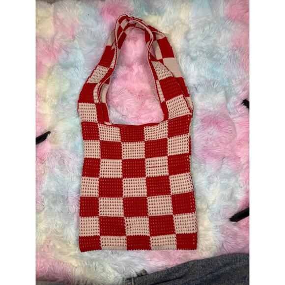Handmade Crochet Checkerboard Tote Bag Red White Picnic Style - Picture 2 of 15